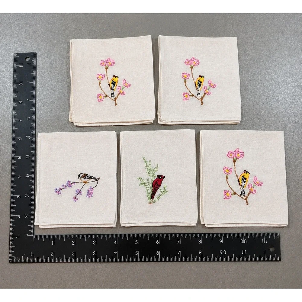 Vintage Embroidered Bird Handkerchiefs Lot of 5 Floral White Cotton Cottagecore